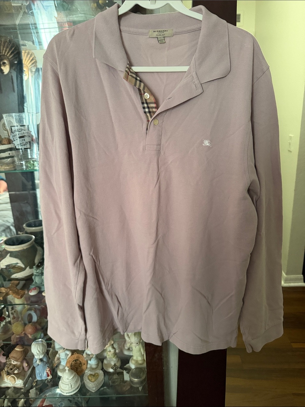 Burberry Men’s Long-Sleeve Polo in Pale Lilac with Signature Check Trim.